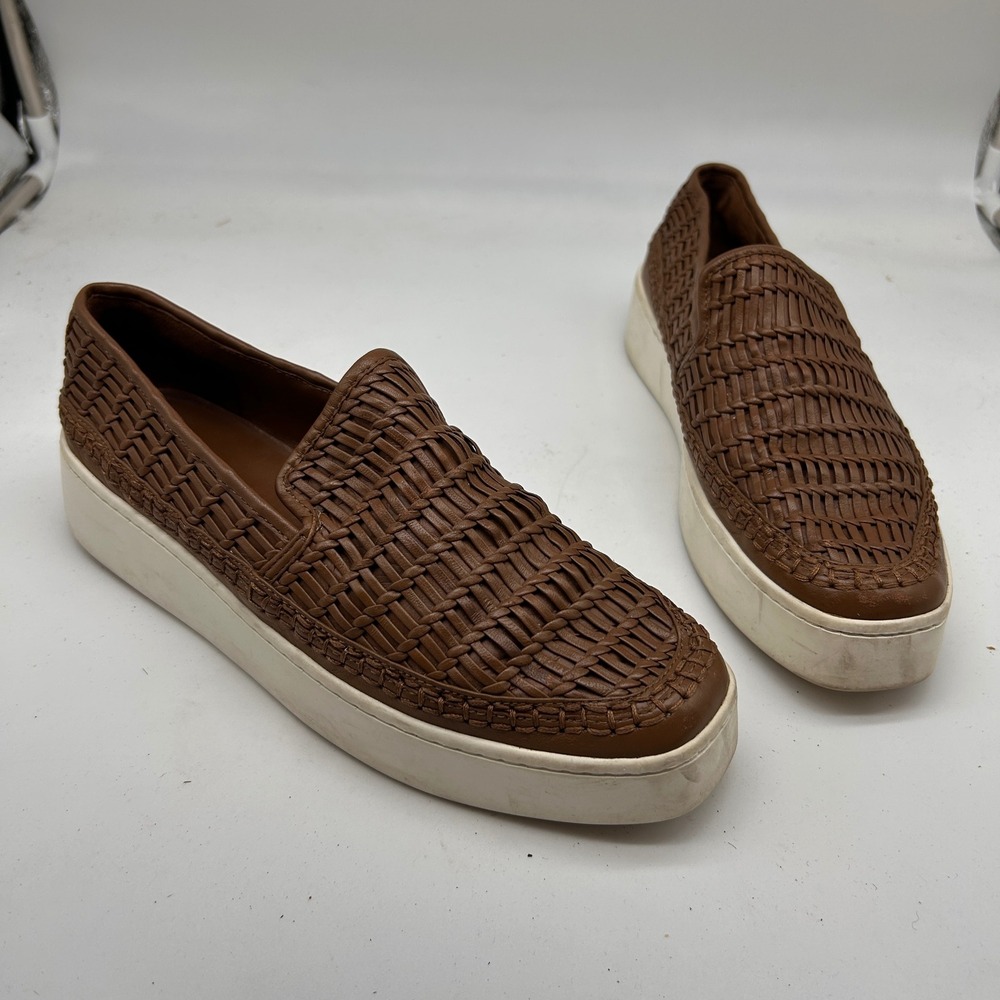 Vince Stafford Woven Leather Slip On Platform Sneakers Brown Women's 8M‎